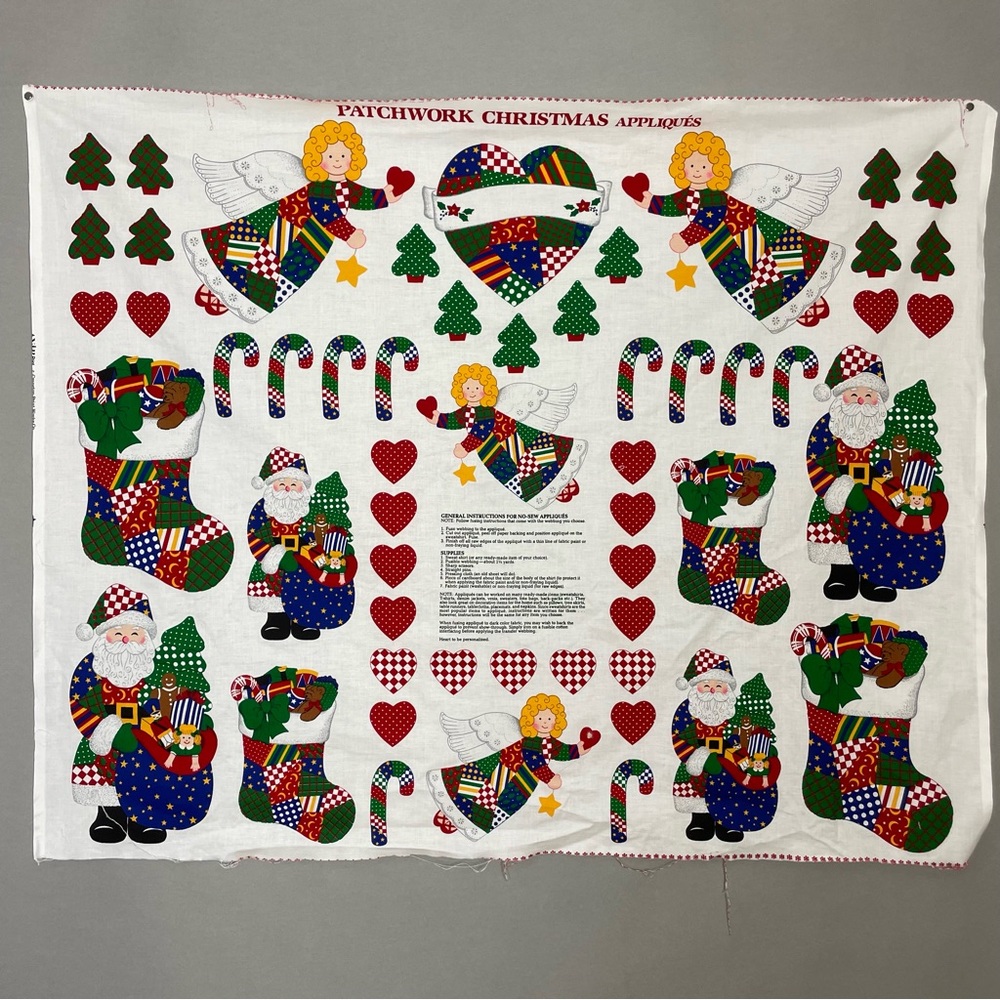 Vintage Christmas Applique Fabric Panel No Sew Patchwork Santa Angel Hearts #K15